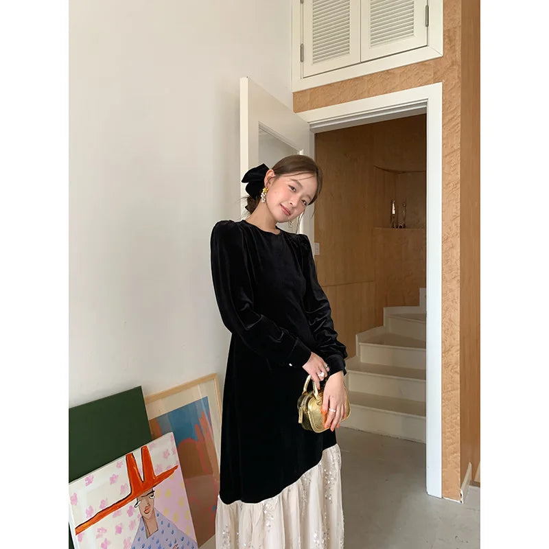 2024 Autumn Winter French Celebrity Lluxury Color Block Splicing Velvet Mesh Sequins Long Sleeves Long Dress