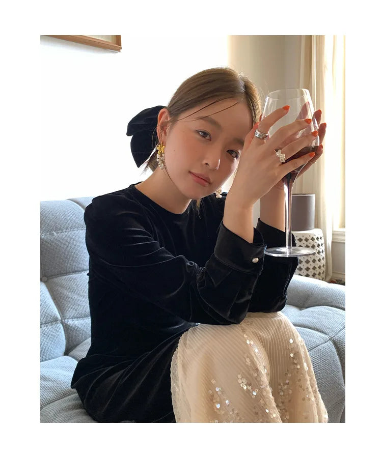 2024 Autumn Winter French Celebrity Lluxury Color Block Splicing Velvet Mesh Sequins Long Sleeves Long Dress