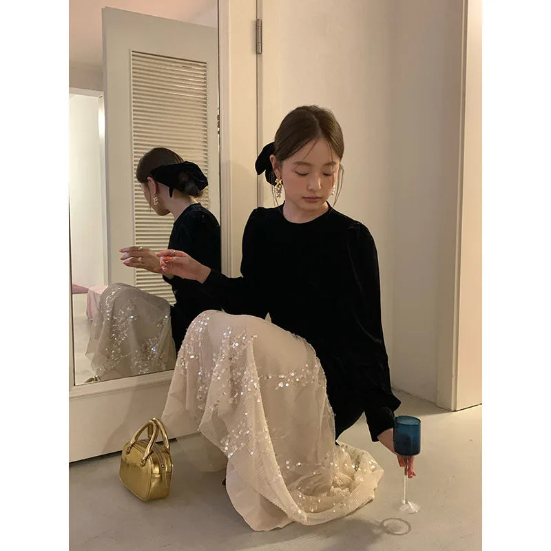 2024 Autumn Winter French Celebrity Lluxury Color Block Splicing Velvet Mesh Sequins Long Sleeves Long Dress