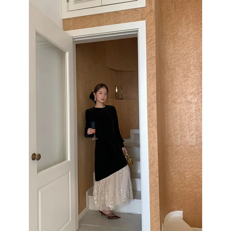 2024 Autumn Winter French Celebrity Lluxury Color Block Splicing Velvet Mesh Sequins Long Sleeves Long Dress