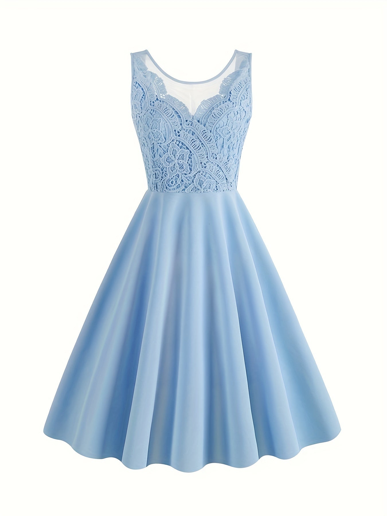 Contrast Lace Solid Dress, Elegant Crew Neck Sleeveless Party Dress, Women's Clothing For Coquette/Cute/Y2K Style