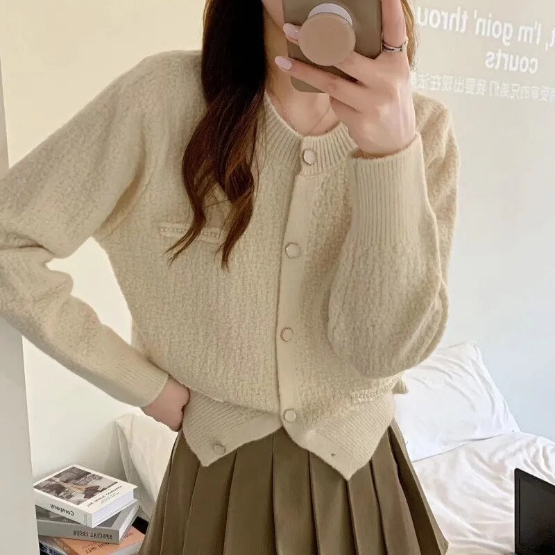 Autumn New Fresh Sweet Soft Glutinous Loose Long Sleeve Knitted Cardigan Sweater Short Coat Top
