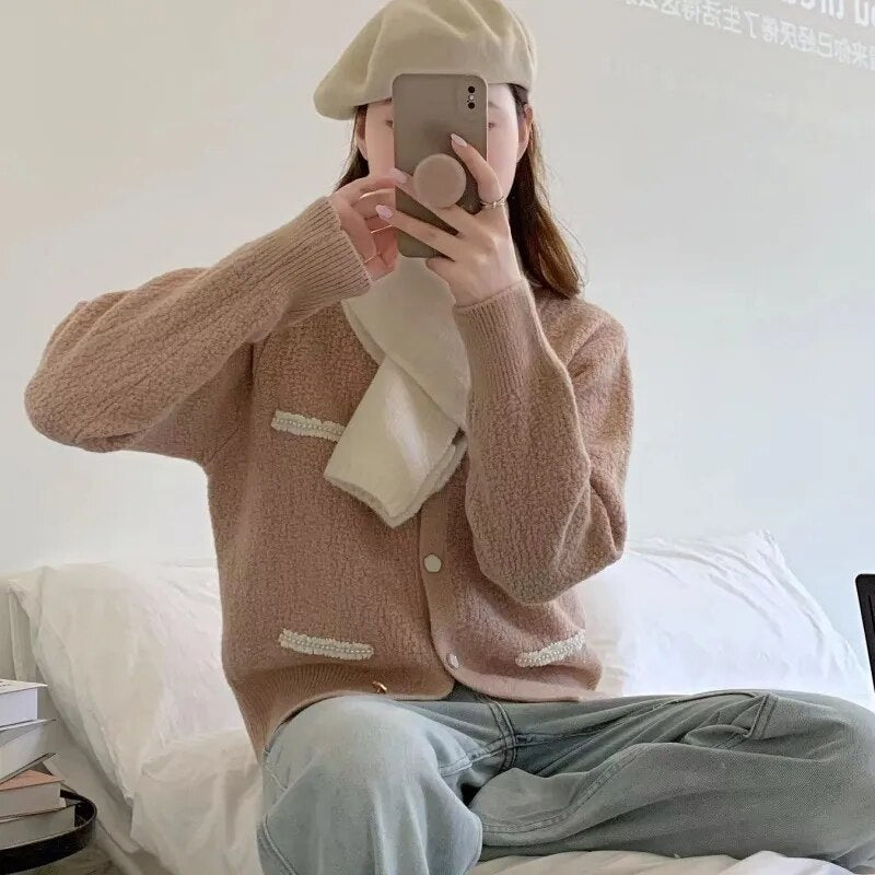 Autumn New Fresh Sweet Soft Glutinous Loose Long Sleeve Knitted Cardigan Sweater Short Coat Top