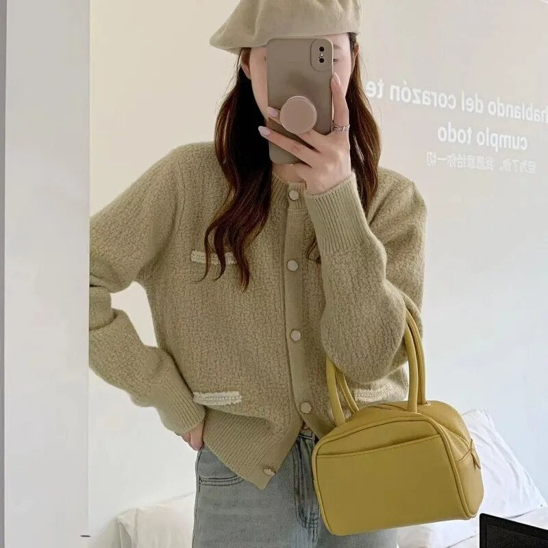 Autumn New Fresh Sweet Soft Glutinous Loose Long Sleeve Knitted Cardigan Sweater Short Coat Top