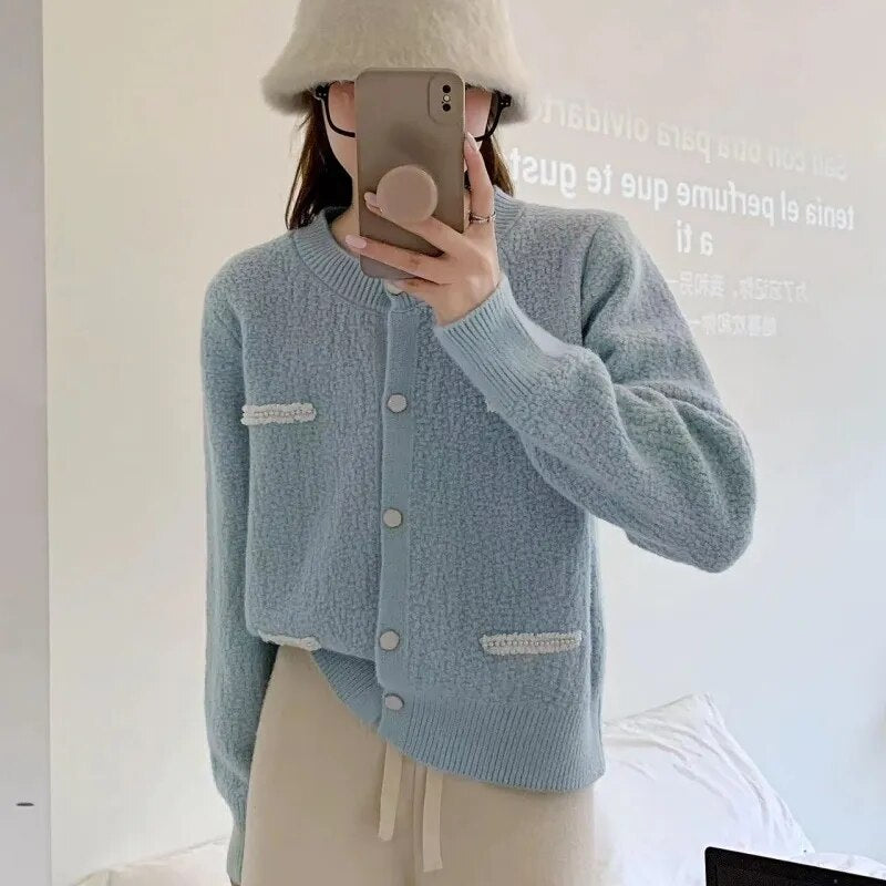 Autumn New Fresh Sweet Soft Glutinous Loose Long Sleeve Knitted Cardigan Sweater Short Coat Top