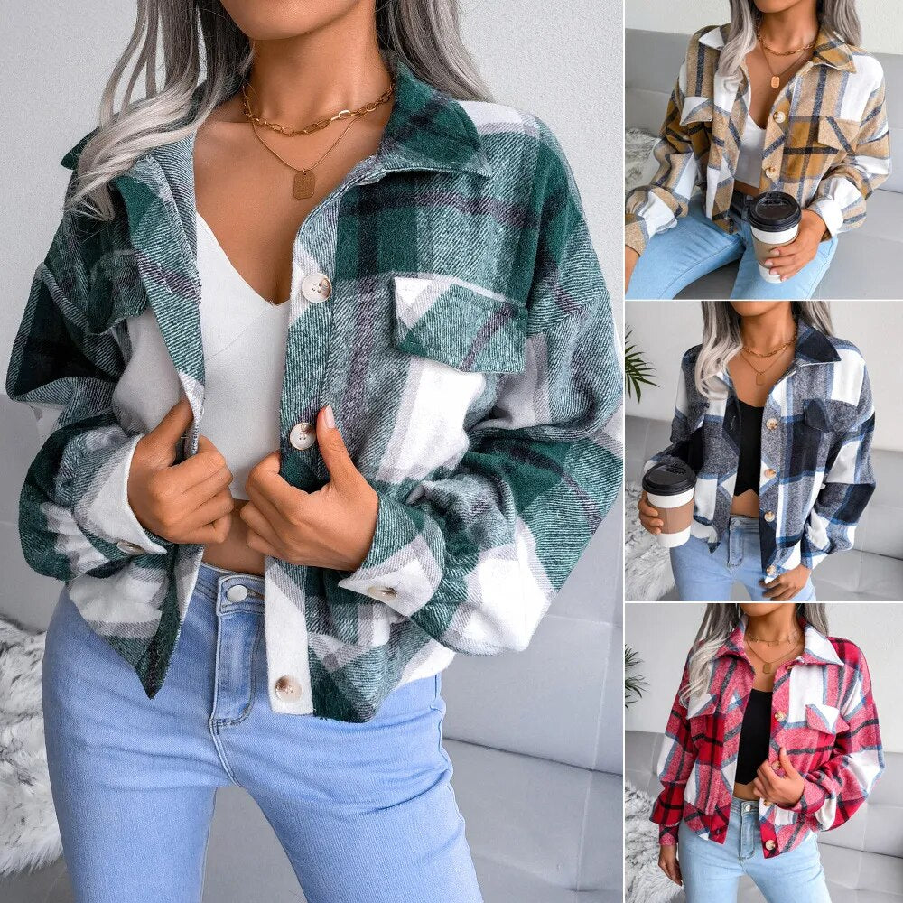 Autumn and Winter Plaid Lantern Long-sleeved Coat Jacket with Fake Pockets