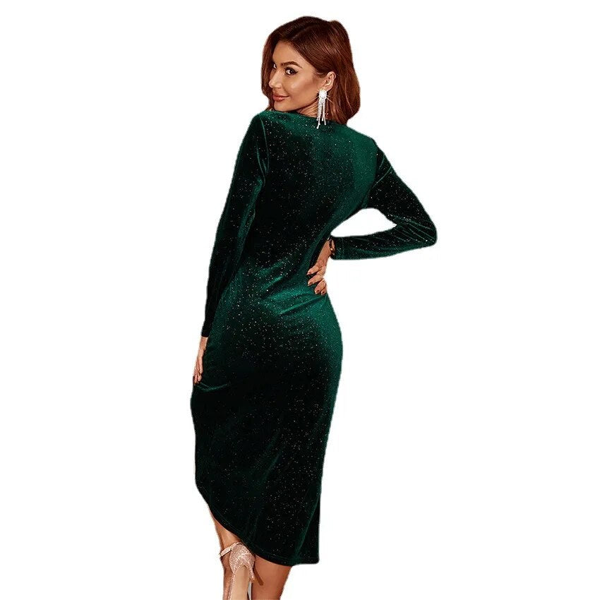 Autumn and Winter Split Velvet Long Sleeved V-neck Buttocks Wrapped Evening Green Dress