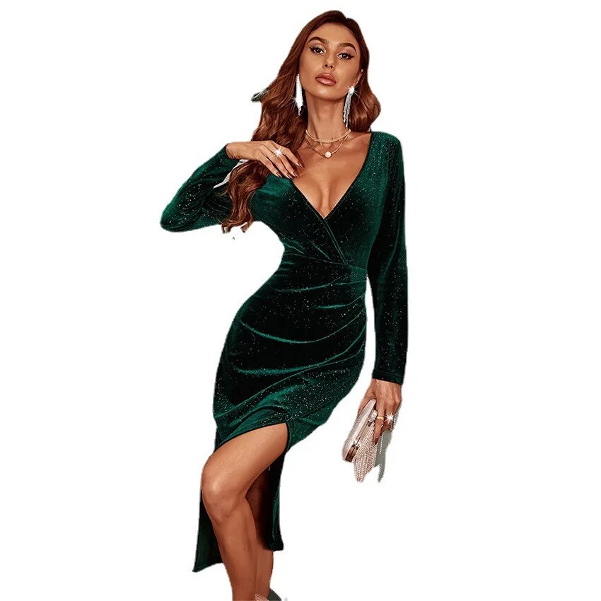 Autumn and Winter Split Velvet Long Sleeved V-neck Buttocks Wrapped Evening Green Dress