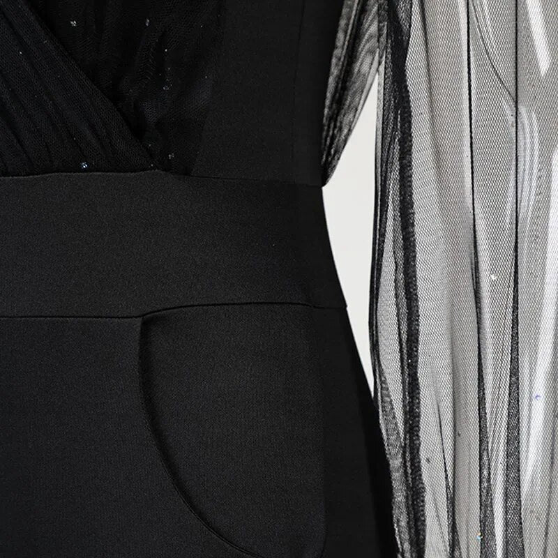 Chic Zipper V-neck Lace Long Sleeve Slim Black Jumpsuit