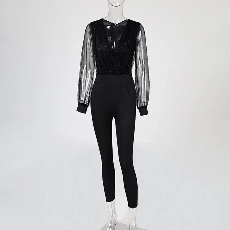 Chic Zipper V-neck Lace Long Sleeve Slim Black Jumpsuit