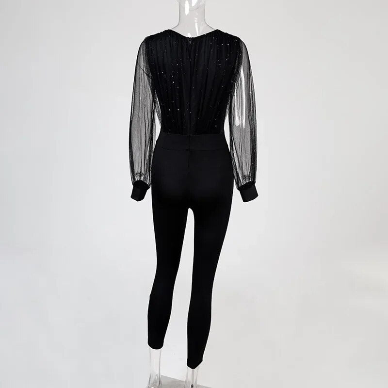 Chic Zipper V-neck Lace Long Sleeve Slim Black Jumpsuit