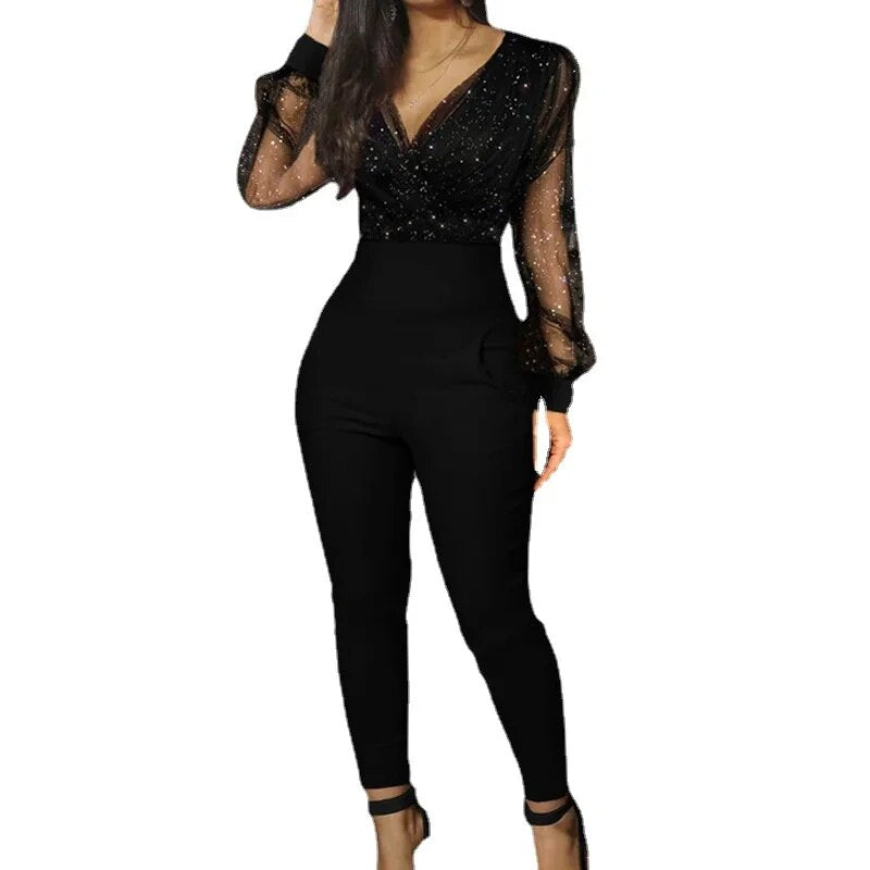 Chic Zipper V-neck Lace Long Sleeve Slim Black Jumpsuit