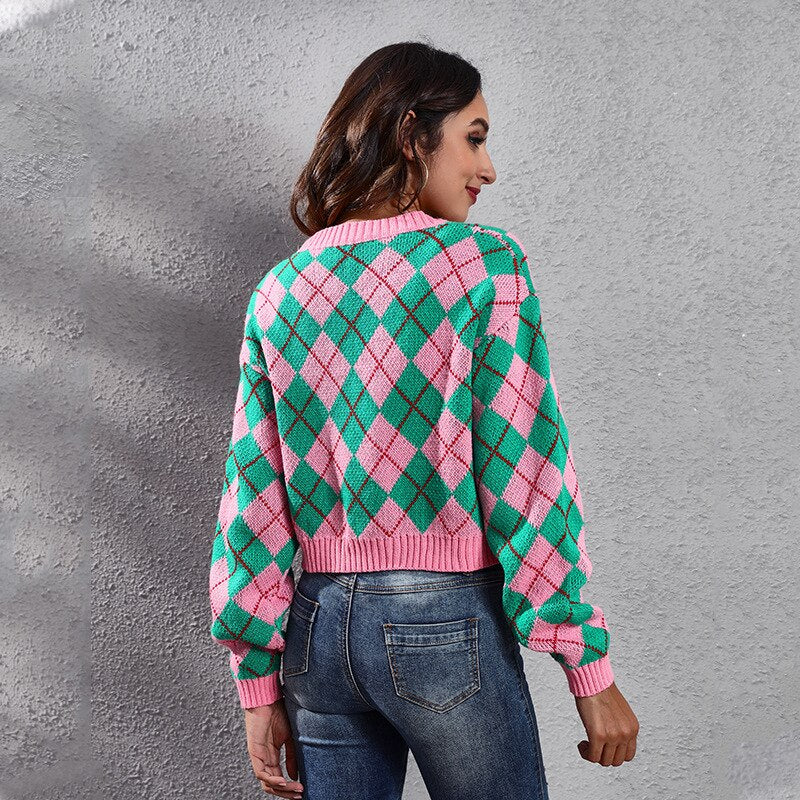 Color Block Jacquard Knitted Cardigan Jacket Short Sweater