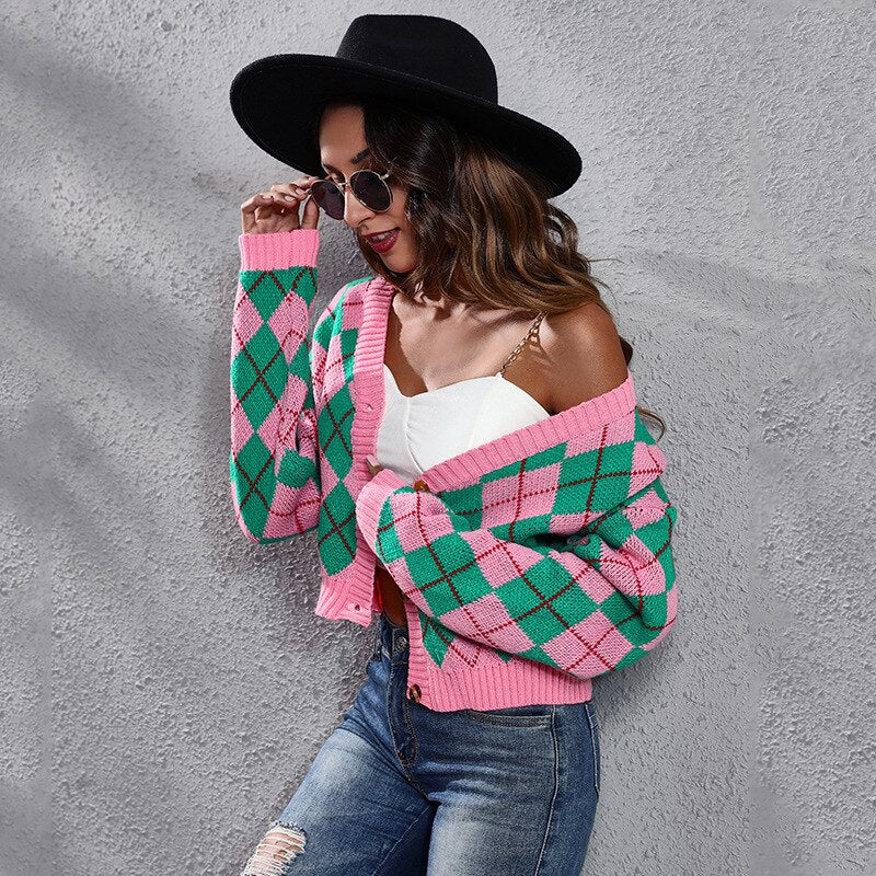 Color Block Jacquard Knitted Cardigan Jacket Short Sweater