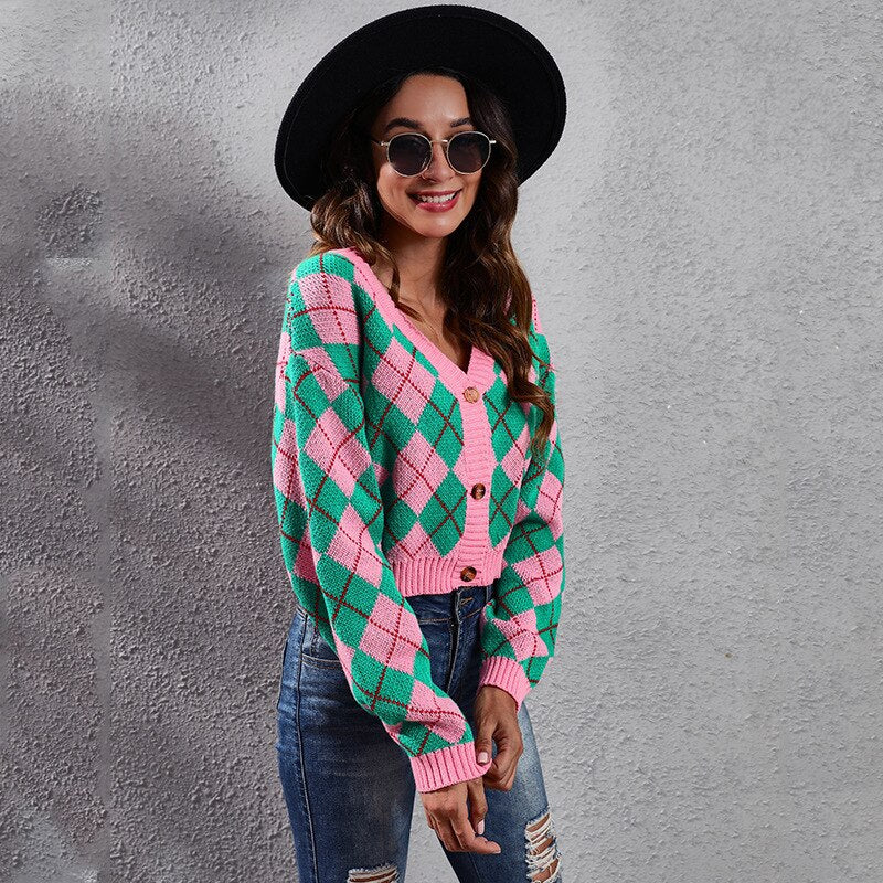 Color Block Jacquard Knitted Cardigan Jacket Short Sweater
