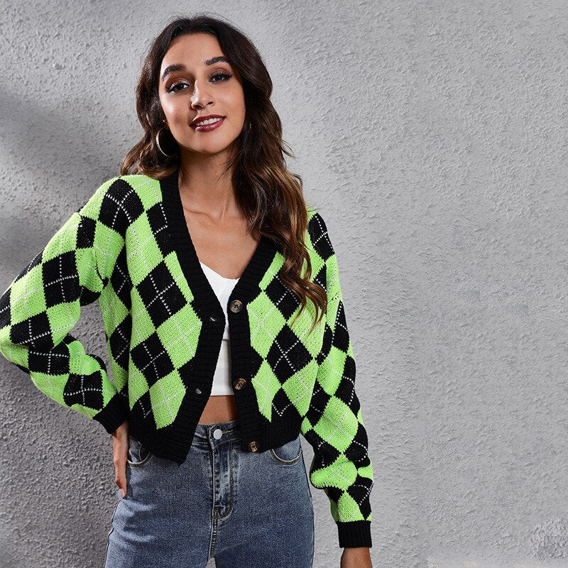 Color Block Jacquard Knitted Cardigan Jacket Short Sweater
