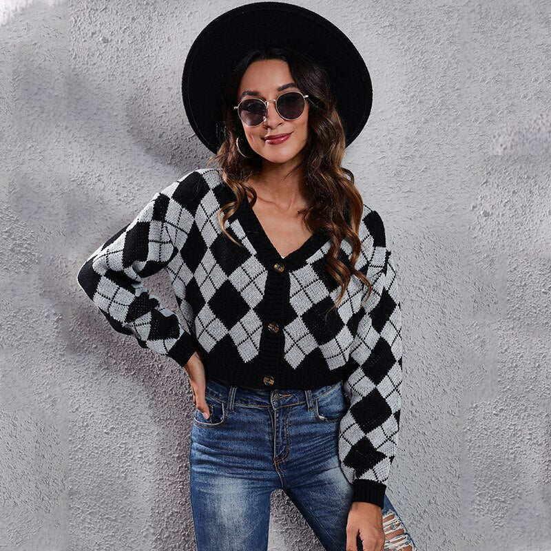 Color Block Jacquard Knitted Cardigan Jacket Short Sweater