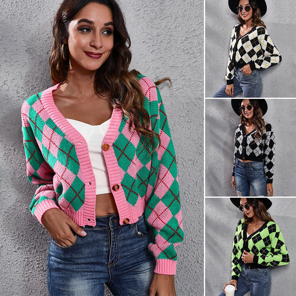 Color Block Jacquard Knitted Cardigan Jacket Short Sweater