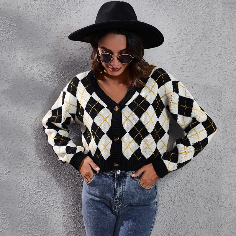 Color Block Jacquard Knitted Cardigan Jacket Short Sweater