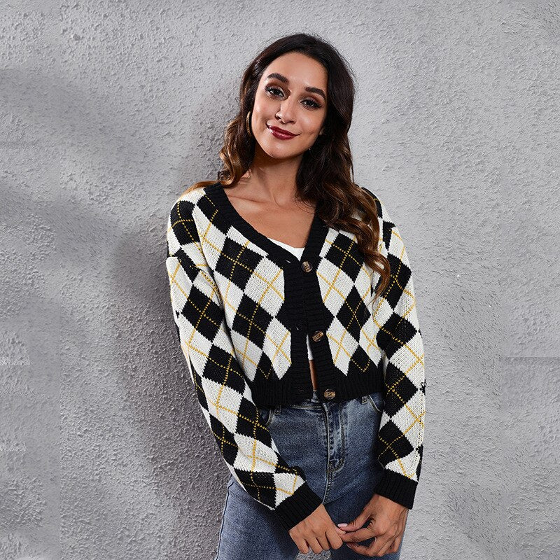 Color Block Jacquard Knitted Cardigan Jacket Short Sweater