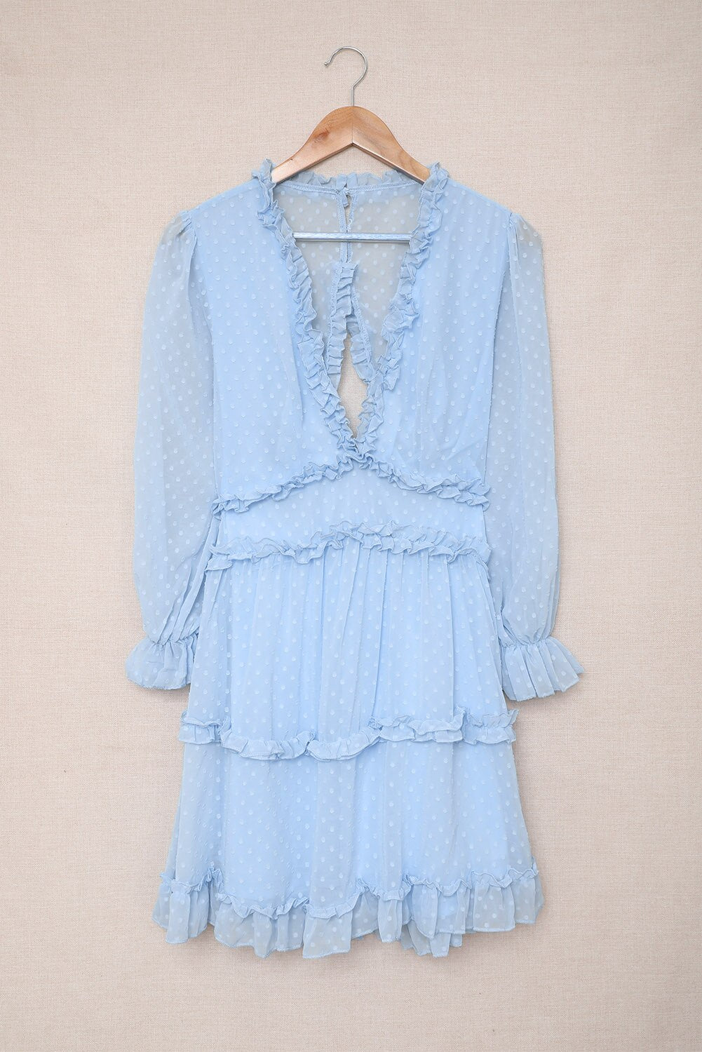 Deep V-neck Layered Ruffled Open Back Puff Sleeve Swiss Dot Mini Dress