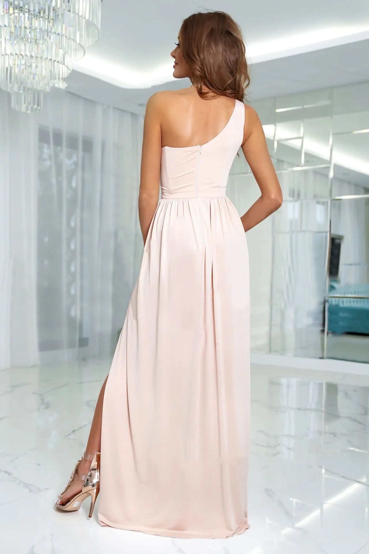 Elegant Simple Solid Color One Shoulder Split Long Formal Evening Dress