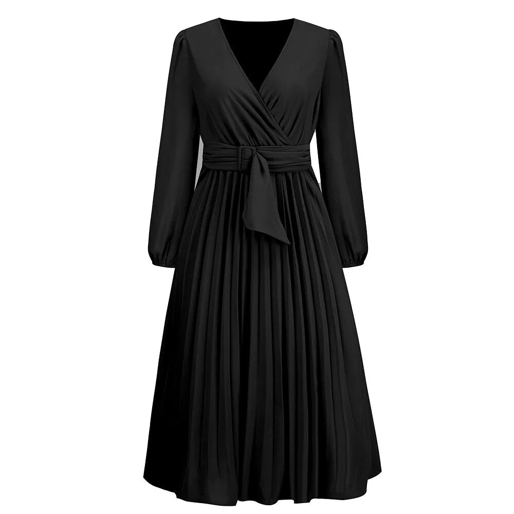Elegant Women's Long Sleeve Pleated Belt V-neck Tee Length Dress