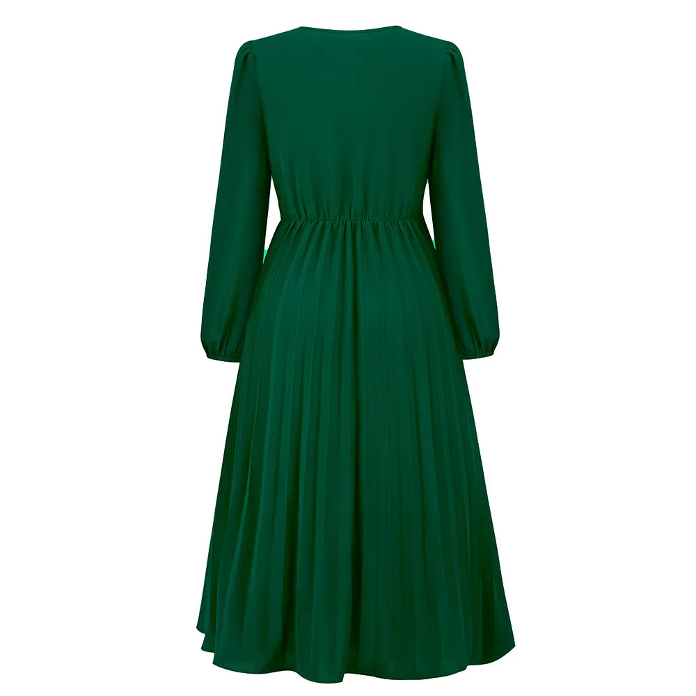 Elegant Women's Long Sleeve Pleated Belt V-neck Tee Length Dress