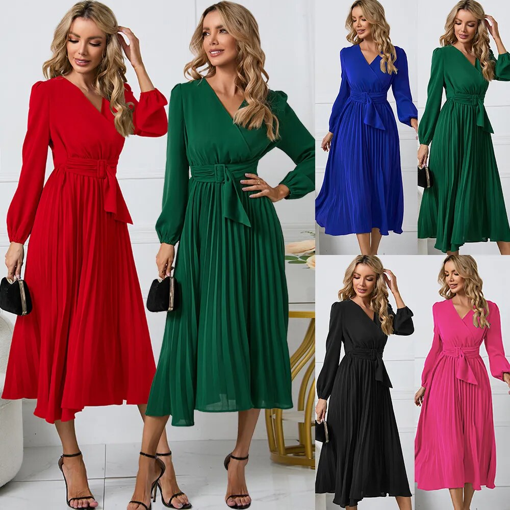 Elegant Women's Long Sleeve Pleated Belt V-neck Tee Length Dress