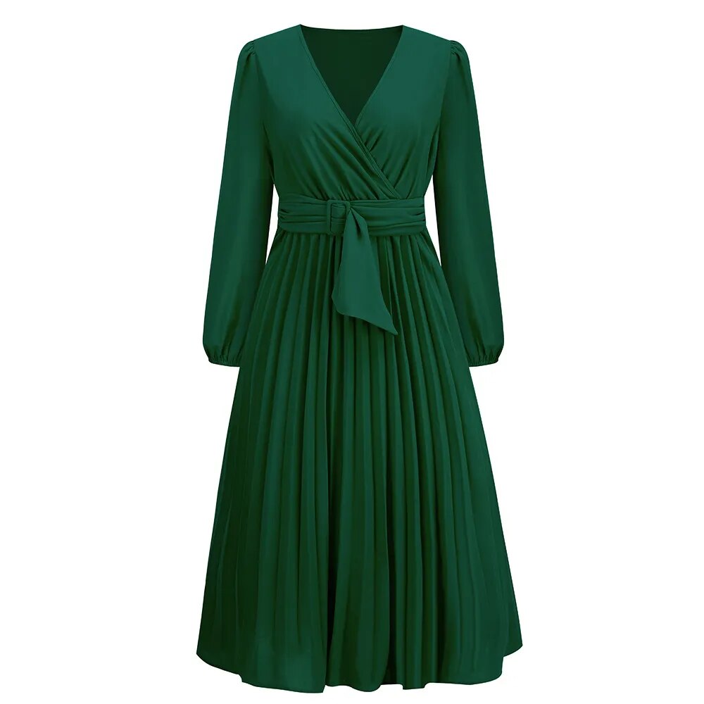 Elegant Women's Long Sleeve Pleated Belt V-neck Tee Length Dress
