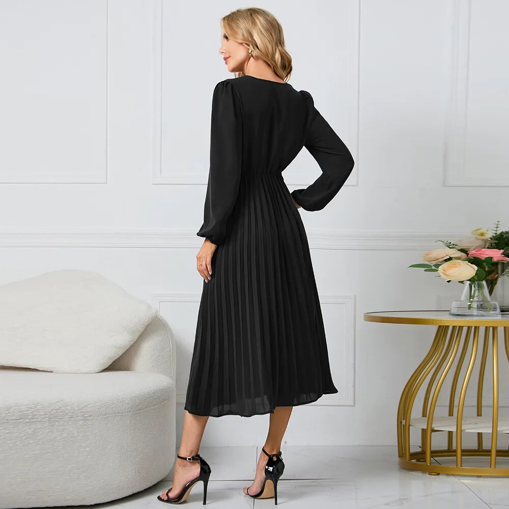 Elegant Women's Long Sleeve Pleated Belt V-neck Tee Length Dress