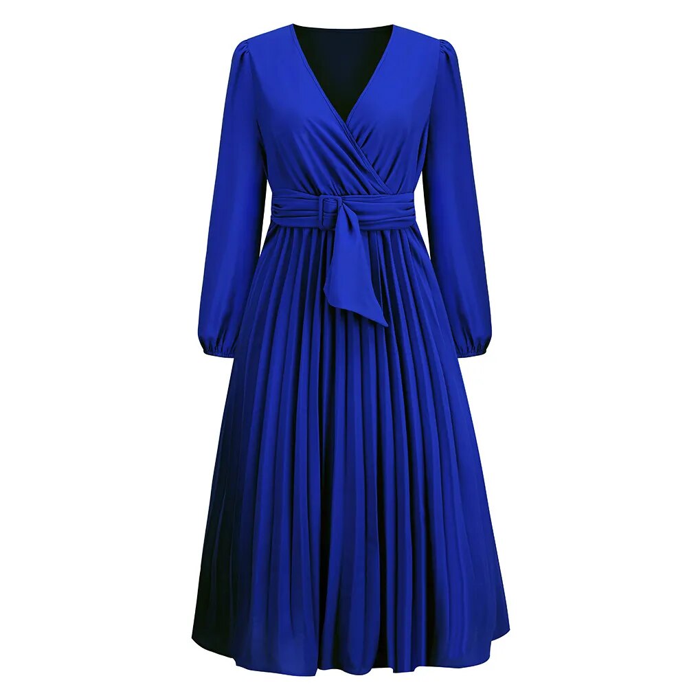 Elegant Women's Long Sleeve Pleated Belt V-neck Tee Length Dress