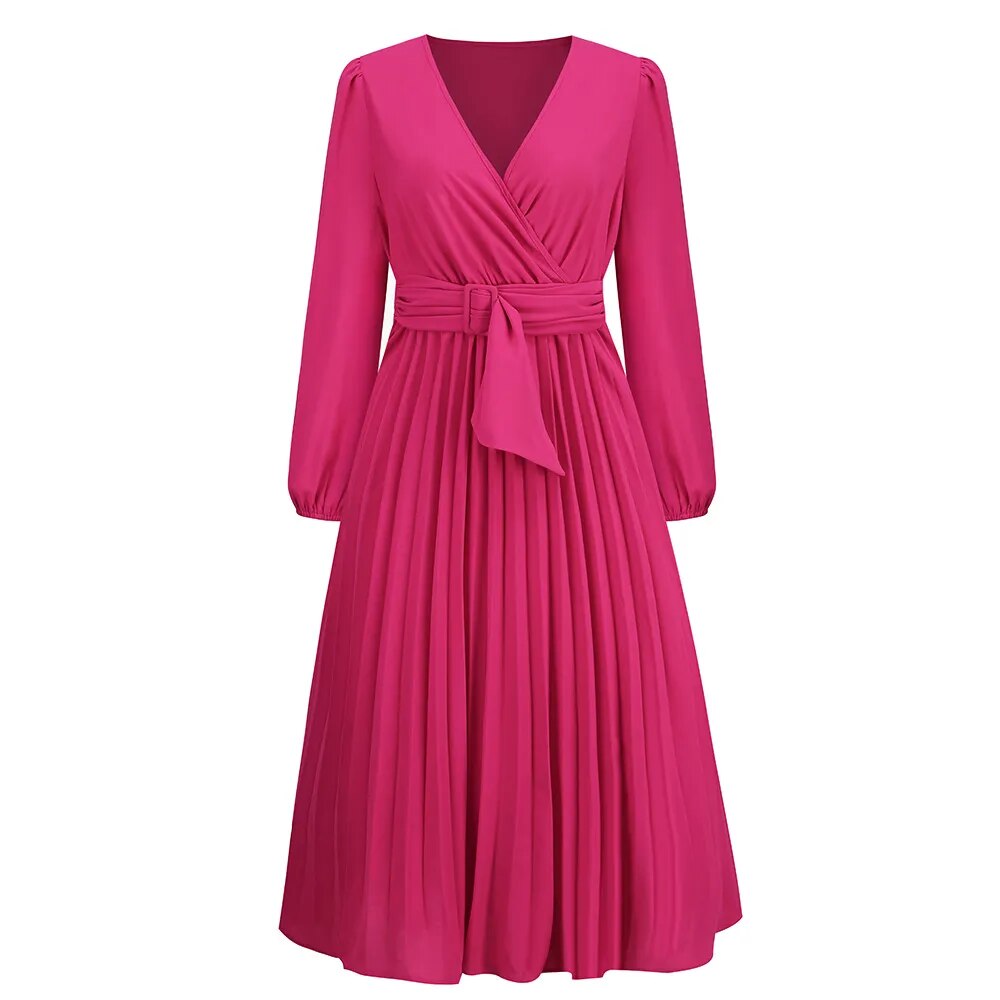 Elegant Women's Long Sleeve Pleated Belt V-neck Tee Length Dress