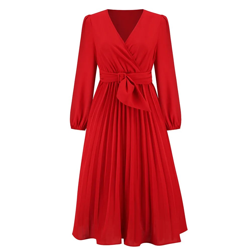 Elegant Women's Long Sleeve Pleated Belt V-neck Tee Length Dress