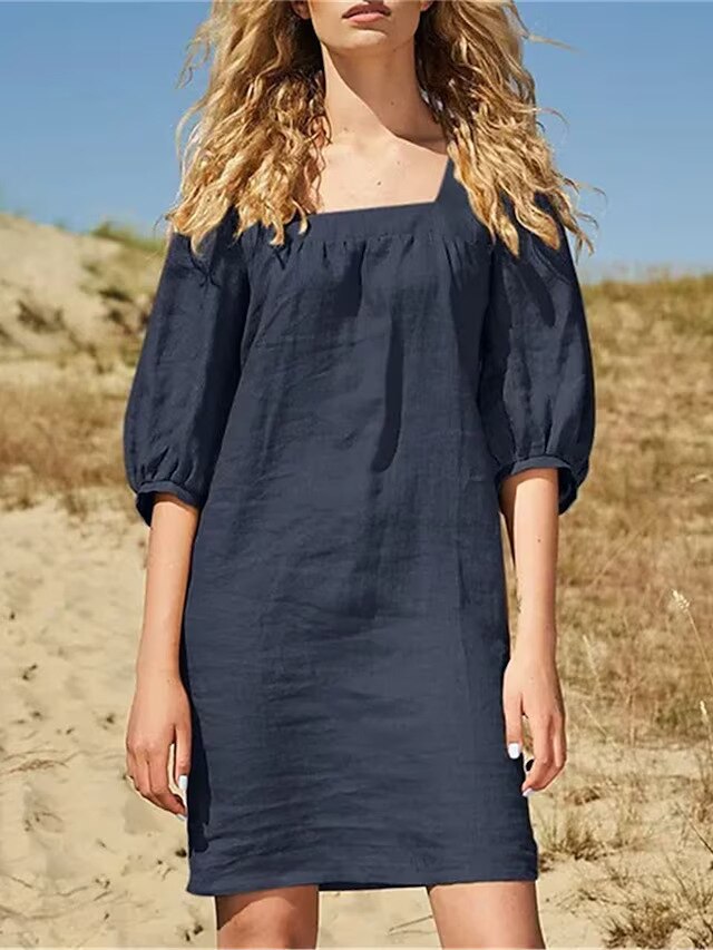 French Square Neck Cotton Linen Dress 5/4 Bubble Sleeve Casual Loose Short Skirt for Women