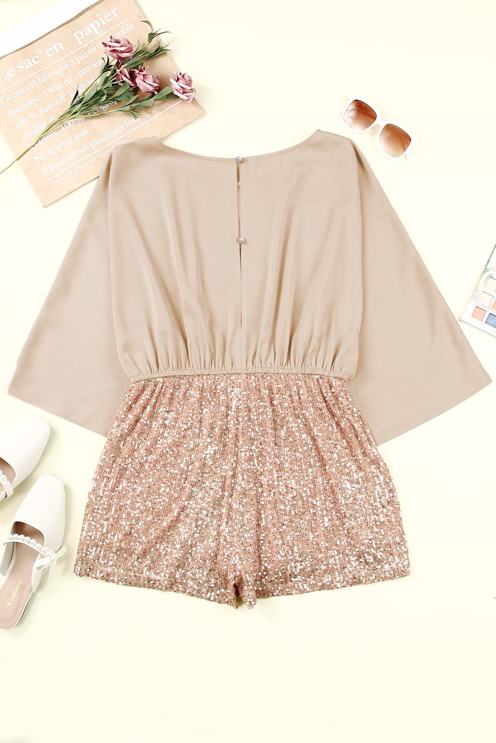 Gold Sequins Long Sleeves Drawstring High Waist Romper