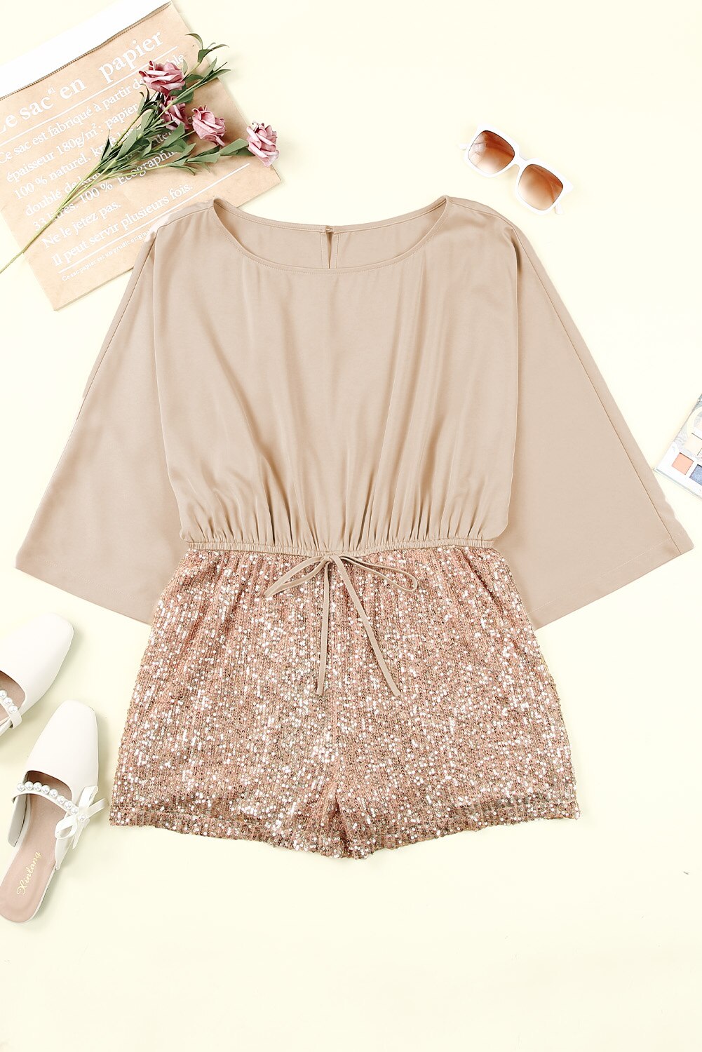 Gold Sequins Long Sleeves Drawstring High Waist Romper