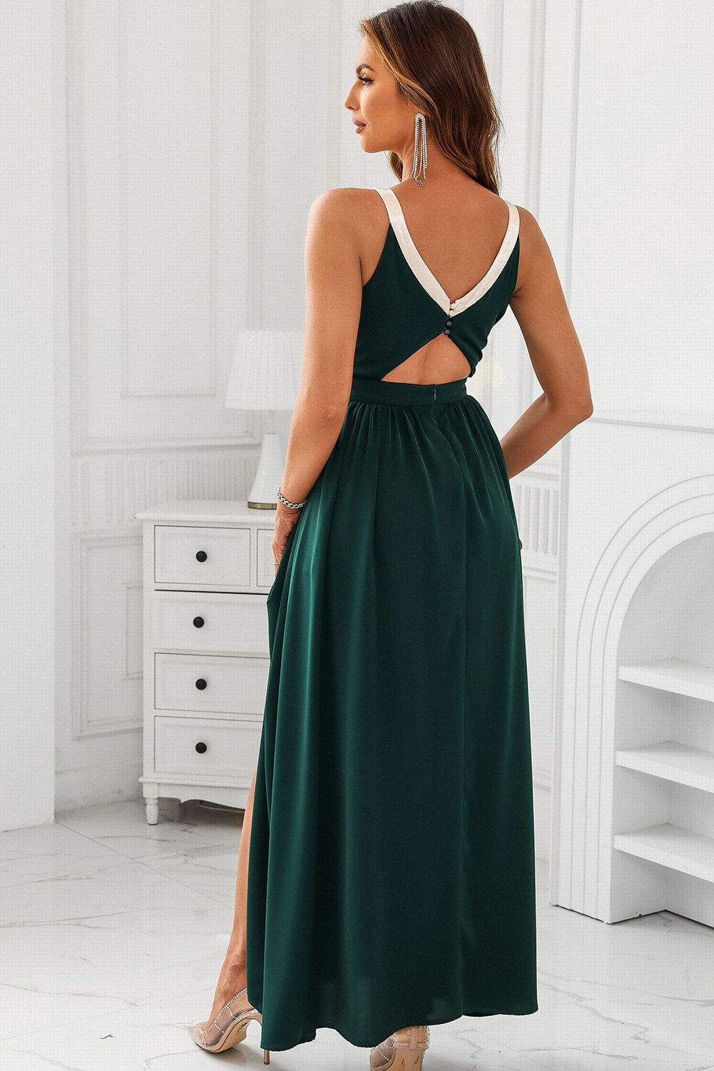 Green Glitter Trim Cutout Strapless Slit Party Formal Evening Dress