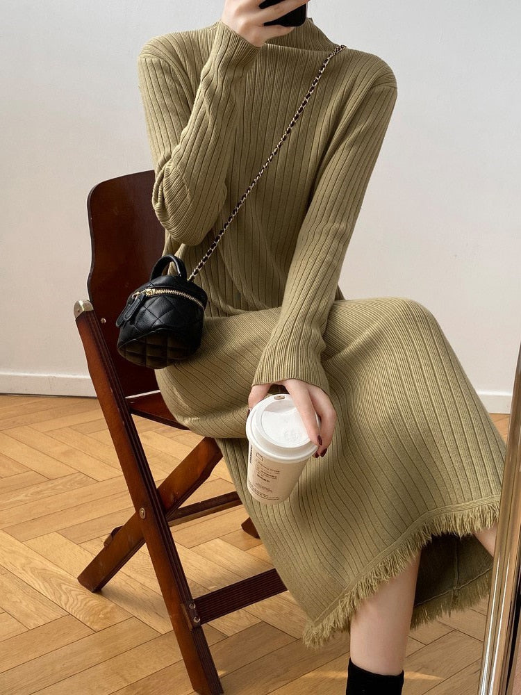 Half High Collar Pullover Knitted Women's 2023 Autumn/Winter Vintage Woolen Long Sleeves Straight Dress
