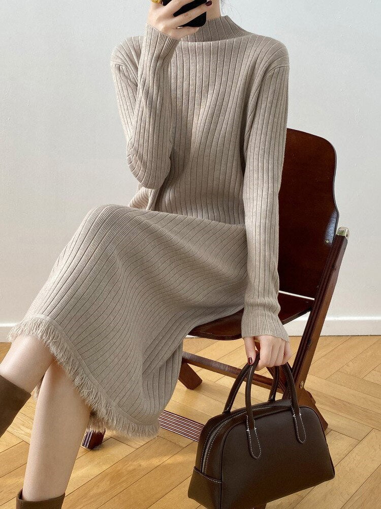 Half High Collar Pullover Knitted Women's 2023 Autumn/Winter Vintage Woolen Long Sleeves Straight Dress