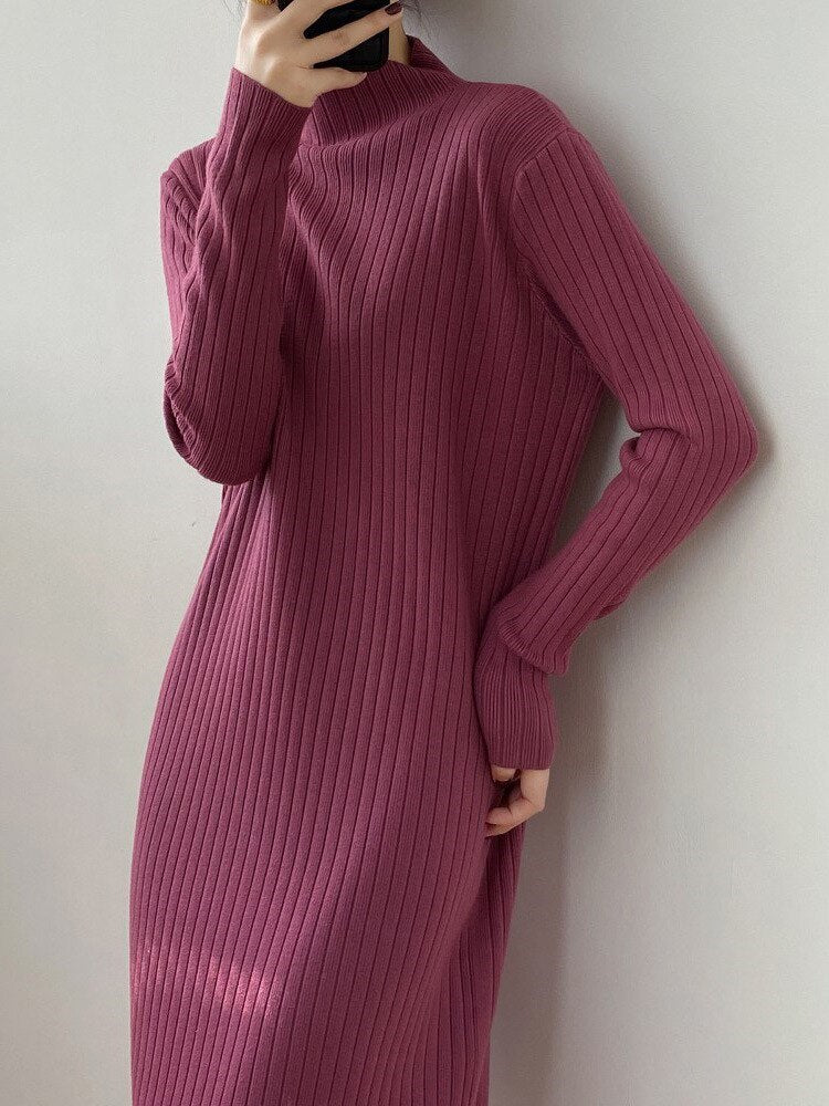 Half High Collar Pullover Knitted Women's 2023 Autumn/Winter Vintage Woolen Long Sleeves Straight Dress