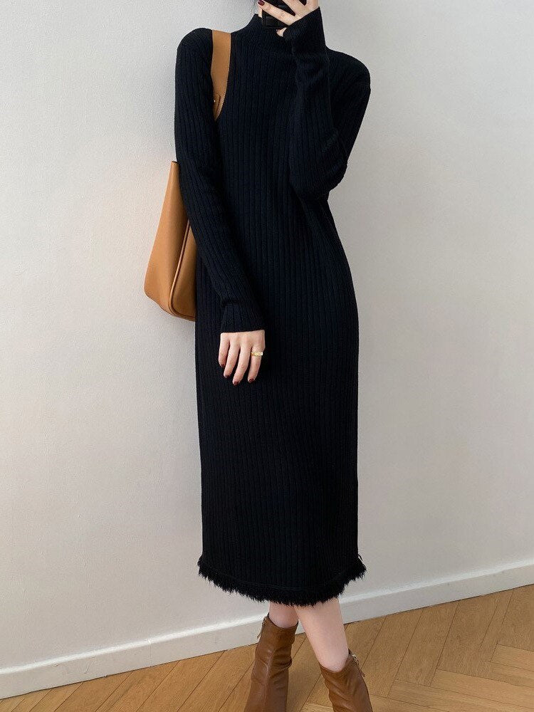 Half High Collar Pullover Knitted Women's 2023 Autumn/Winter Vintage Woolen Long Sleeves Straight Dress