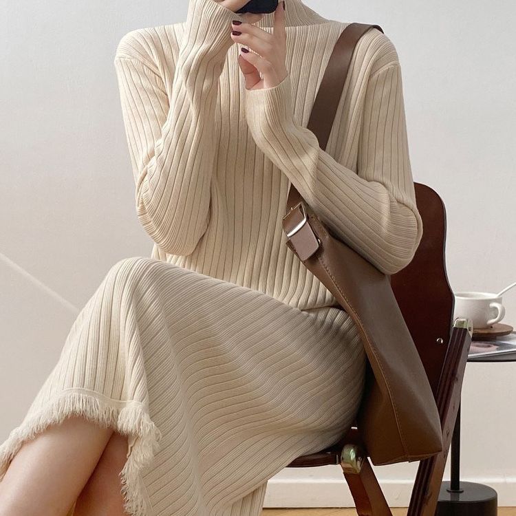 Half High Collar Pullover Knitted Women's 2023 Autumn/Winter Vintage Woolen Long Sleeves Straight Dress