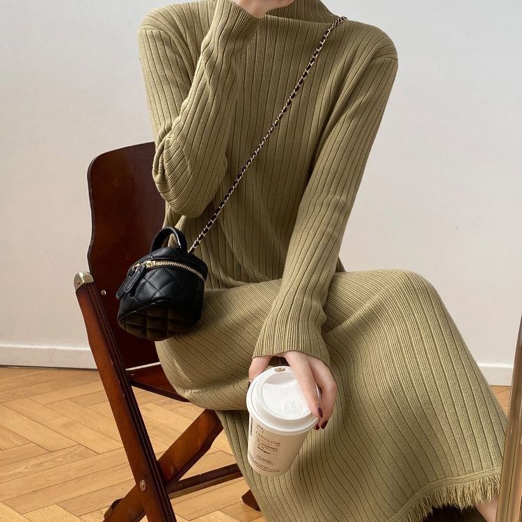 Half High Collar Pullover Knitted Women's 2023 Autumn/Winter Vintage Woolen Long Sleeves Straight Dress