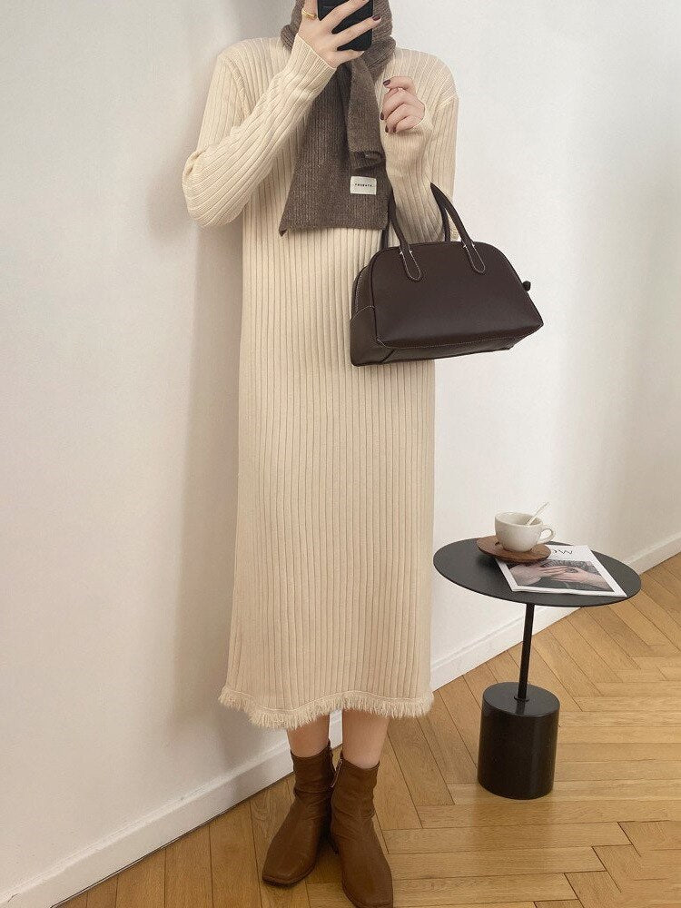 Half High Collar Pullover Knitted Women's 2023 Autumn/Winter Vintage Woolen Long Sleeves Straight Dress