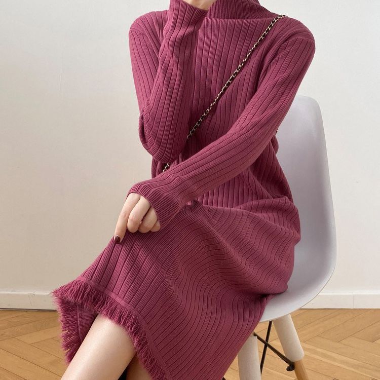 Half High Collar Pullover Knitted Women's 2023 Autumn/Winter Vintage Woolen Long Sleeves Straight Dress