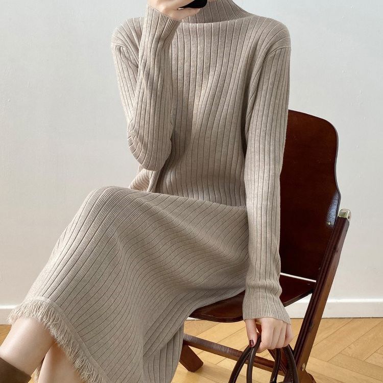 Half High Collar Pullover Knitted Women's 2023 Autumn/Winter Vintage Woolen Long Sleeves Straight Dress