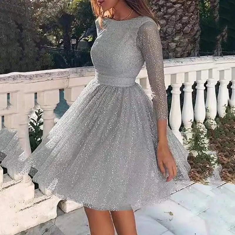 Ladies Sparkling Long-sleeved High Waist Evening Cocktail Prom Dress