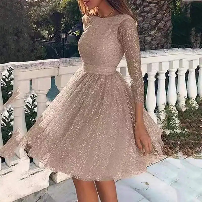 Ladies Sparkling Long-sleeved High Waist Evening Cocktail Prom Dress