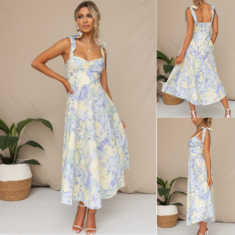 2023 New Slim V-neck Sling Print Long Floral Dress
